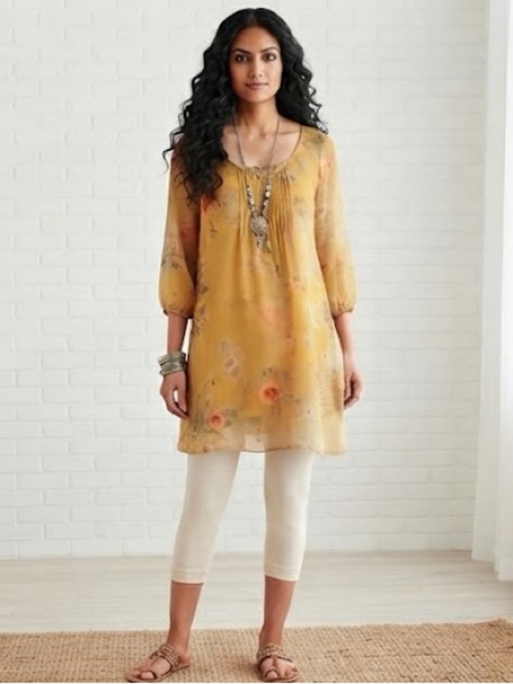 Kenzie Boho Chic Yellow Floral Sheer Kurta Tunic Dress P2P:18’ Oversize Small/ M
